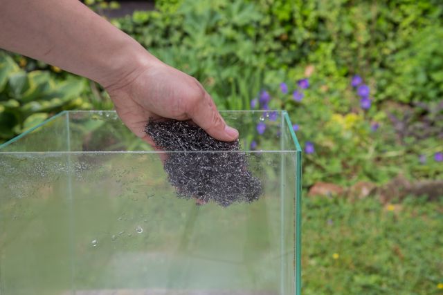 cleaning a tank with a metal sponge